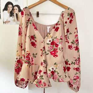 Floral Women's Top - Cream and Red
